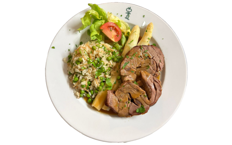 Rindfleisch mit Erbsenreis und Spargel